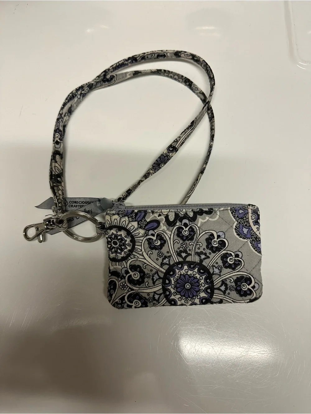 Vera Bradley Gray & Lavender Floral Quilted Wristlet Key Pouch